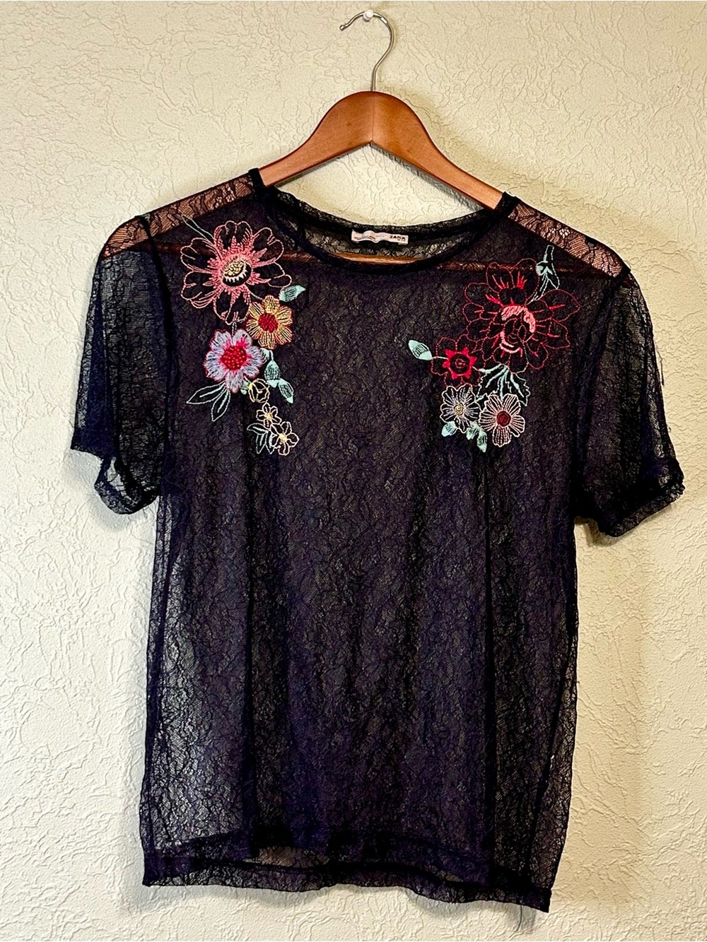 Zara Navy Sheer Lace Mesh Floral Embroidered Top S